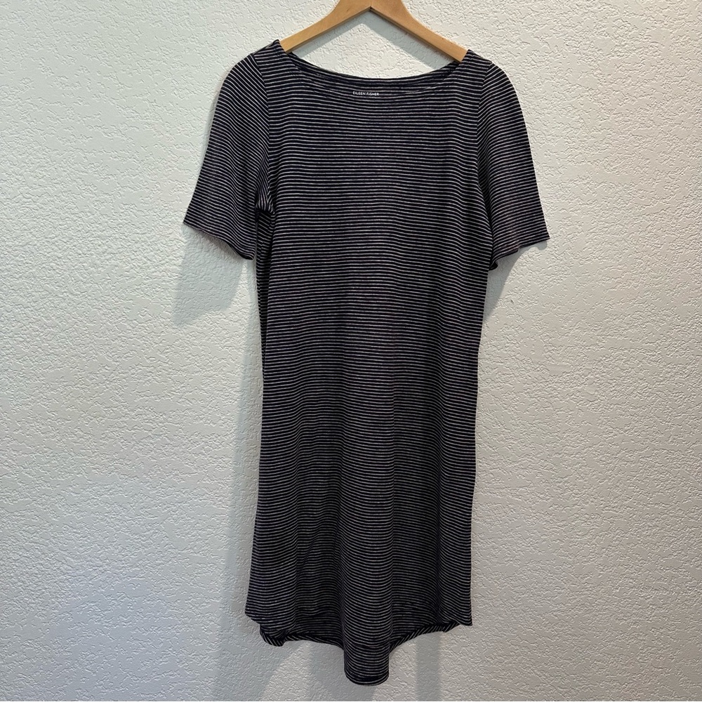 Eileen Fisher Dress Navy and Cream Striped Midi Hemp & Cotton Blend Minimalist